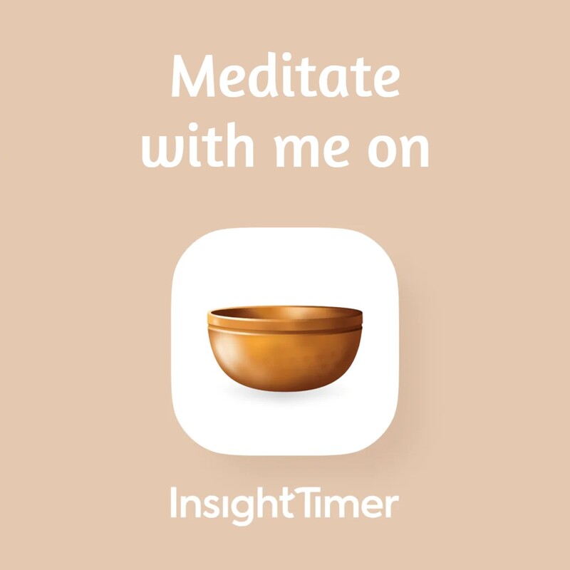 Button linking to Insight Timer profile.

The words "Meditate with me on Insight Timer" in white on a pale peach background. Centrally, the Insight Timer logo, a gold/copper Tibetan singing bowl on a white background.