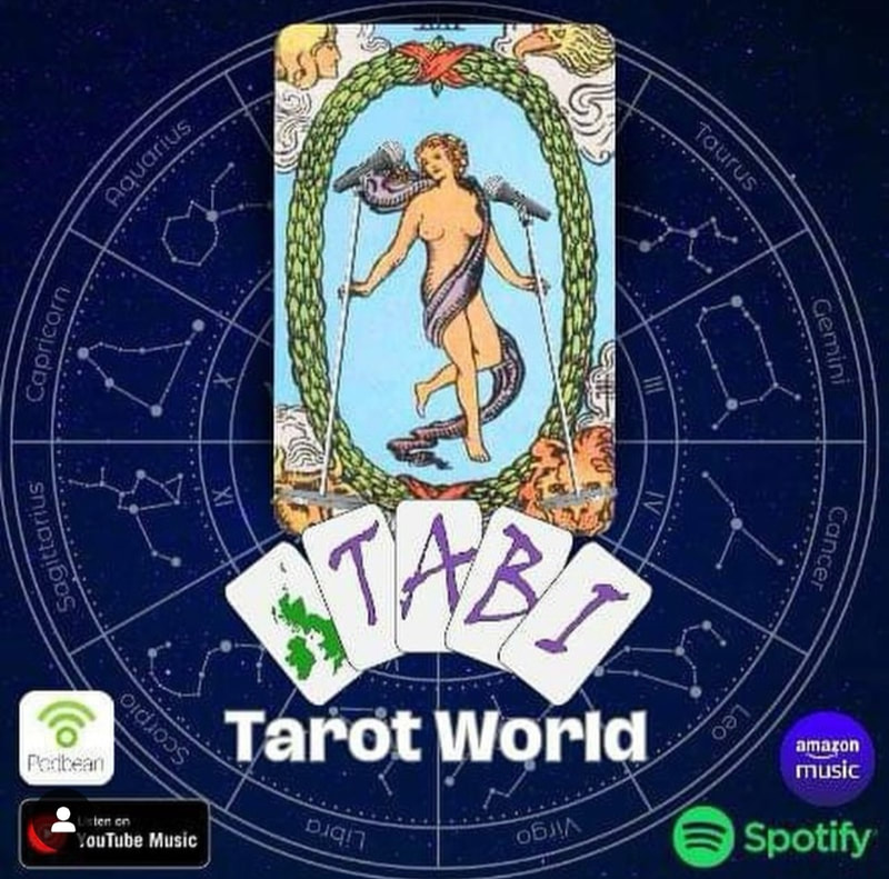 Button linking to interview on TABI Tarot World podcast.

Image: The World Tarot card with TABI logo and the words "Tarot World" underneath on a dark blue background with semitransparent zodiac chart. In the corners, logos for Podbean, Youtube Music, Amazon Music and Spotify