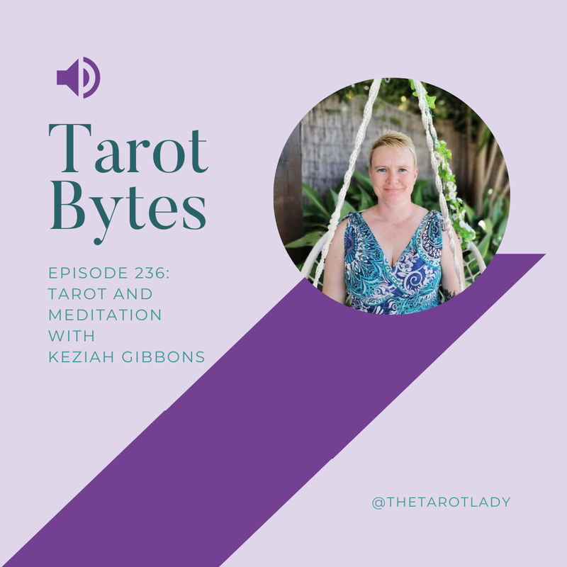 Button linking to Tarot and Meditation interview on the Tarot Bytes podcast.

Text: "Tarot Bytes episode 236: Tarot and Meditation with Keziah Gibbons 
@TheTarotLady"

on a lilac background with a stronger purple stripe crossing diagonally, a speaker icon, and Keziah's portrait in a circle.